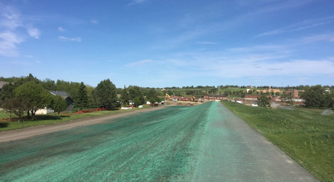 Green hydroseed covers the ground and a long road walkway under blue sky.