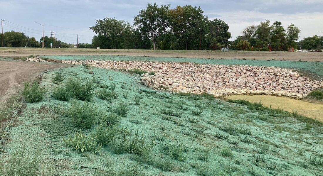 Grassy embankment with green matting, rocks, weeds, cloudy sky.