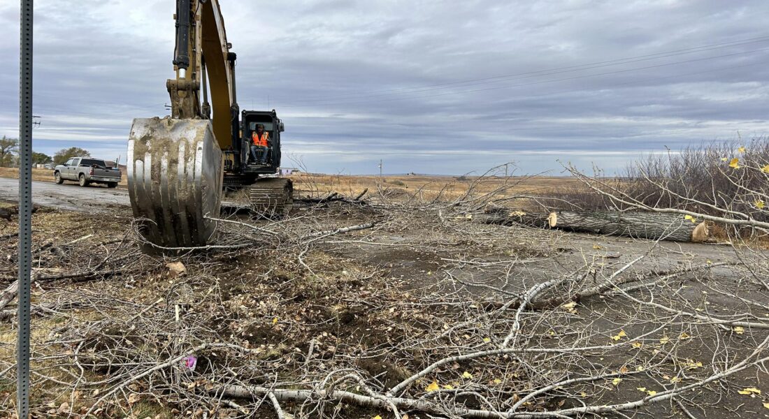 Excavator clears tree debris from rural roadside under clouds.